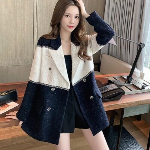 2021Autumn Elegant Black White Patchwork Tweed Blazer Vintage Ladies High Street Long Sleeve Female Jackets Outerwear