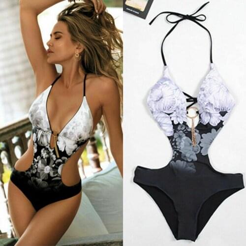 Women Summer 1 Piece Bikini Push-up Padded Swimsuit Floral Print Halter Polyester Bathing Swimwear Beach Monokini