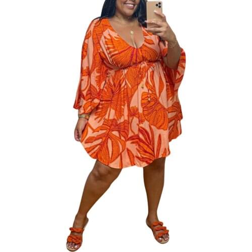 Big Plus Size Sexy V-neck Dress For Women Flower Boho Printed Beach Holiday Loose Elegant Vintage Summer Dresses Vestido XL~5XL