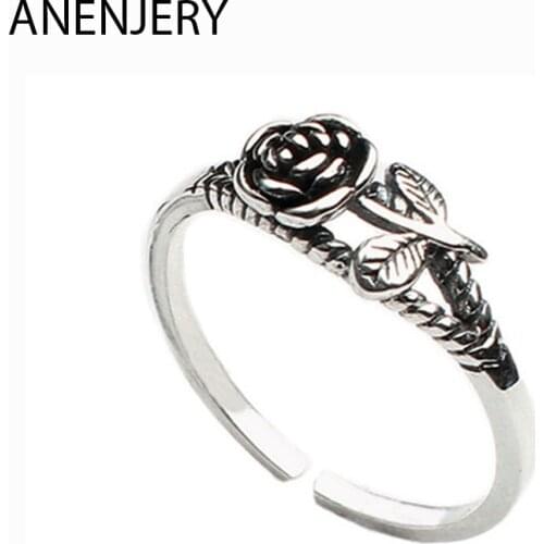ANENJERY 925 Sterling Silver Simple Vintage Rose Flower Thai Silver Ring Opening Flower Finger Ring For Women Jewelry S-R490