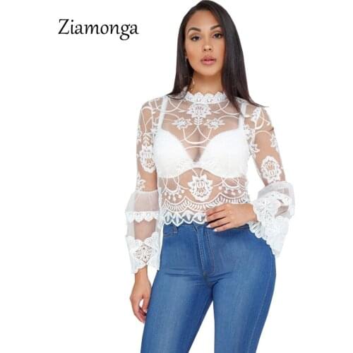 Ziamonga 2019 New Ladies Mesh Lace Flower Flare Sleeve Loose Retro Short Pullover Blouse Shirts Women Fashion Cute Voile Suits