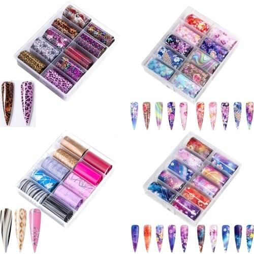10Rolls/Box Foil Paper Nail Sticker Sliders Leopard Flower Holographic Transfer Wraps Adhesive Manicure Nail Art Decoration NZ07