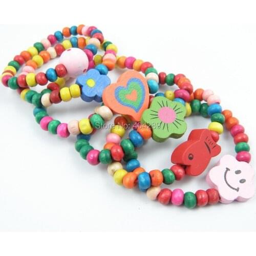 12Pcs Children Elastic Bracelet Kids Girl Colorful Wood Wristbands Child Toy Bracelet Wholesale Birthday Gift Jewelry