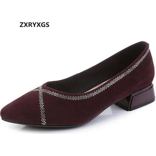 2021 Temperament High Quality Frosted Sheepskin Rhinestone Fashion Shoes Thick Heel Pointed Toe Shallow Big Size Trend Shoes New
