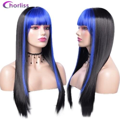 Chorliss Black Long Straight Wig For Women Both Sides Blue Hair Middle Part With Bangs Heat Resistant Wavy Cosplay Wig For Girl