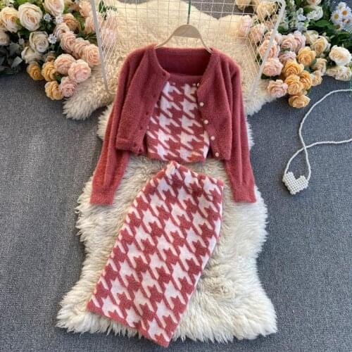 Houndstooth Knitted 3 Pcs Set Mink Cardigan Sexy Strapless Crop Top + High Waist Bodycon Mini Skirt Suits Fashion Women Outfits