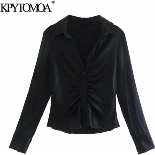 KPYTOMOA Women 2021 Fashion Soft Touch Pleated Fitted Blouses Vintage Long Sleeve Button-up Female Shirts Blusas Chic Tops