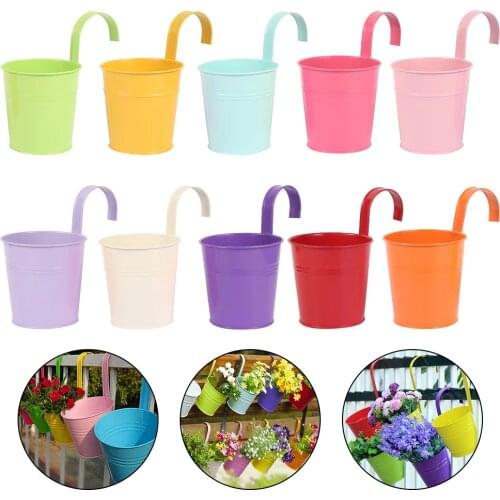 Metal Flower Hanging Pot Hook Wall Candy Color Iron Bucket Hanging Basket for Garden Balcony Plants Holder Home Decoration