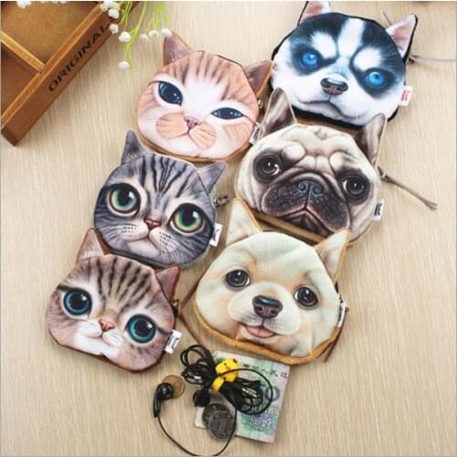 NEW Popular 3D girl wallet bag ladies face zipper mini cat coin purses dog childrens purse plush bolsa de moeda coins pouch