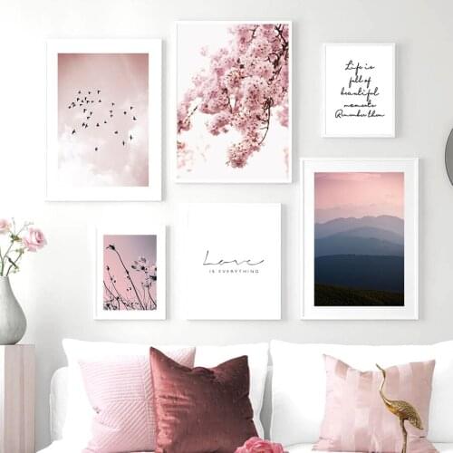Poster Canvas Art Pink Flower Cherry Blossom Flying Bird Wall Prints Girls Bedroom Kitchen Fashion Pictures Decorative Painting