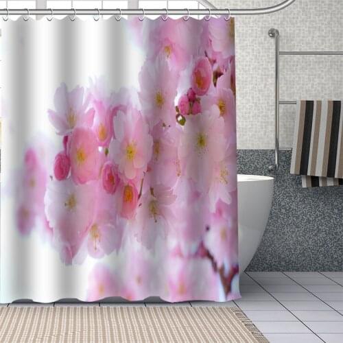 Custom High Quality HD Cherry Blossom Flower Shower Curtain Waterproof Bathroom Polyester Fabric Bathroom Curtain With Hooks