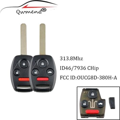 QWMEND Car Keyless Entry Remote Key 4 Buttons Fob 313.8Mhz With ID46 Chip OUCG8D-380H-A For Honda Accord 2003-2007 keys