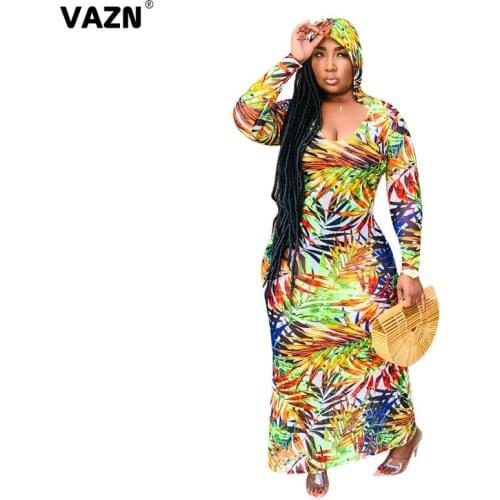 VAZN 2020 Autumn Hot High Quality Vintage Sexy Mature Hooded Full Sleeve Nature Free Designer Women Straight Maxi Dress