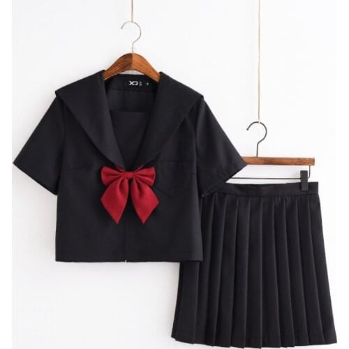 S-XXL JK Student School Girls Uniforms Black Short sleeve Long Sleeve Top+Skirt+Red Bow Cosplay Sailor Uniform