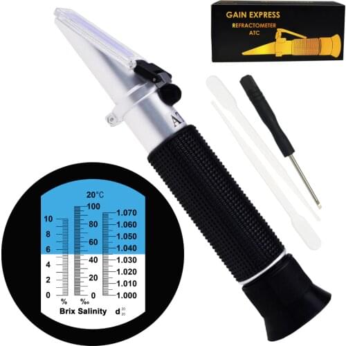 Tri-Scale Refractometer ATC Brix 0-10%/ Salinity 0-100PPT/ Specific Gravity 1.000-1.070 Hydroponic Aquarium Control Monitoring