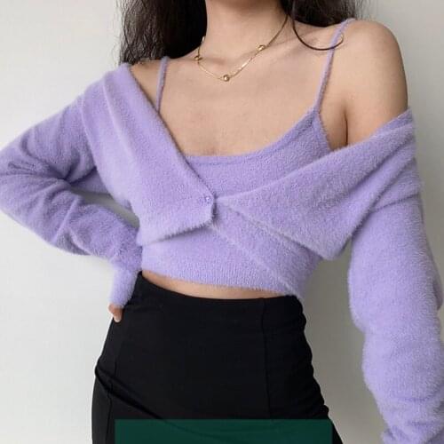 TVVOVVIN Fashion Autumn Two Piece Set Women Korean Fashion Long Sleeve Slim Cardigan Knitted Plush Camisole Tops OI9F