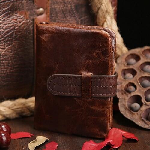 Vintage Designer Famous Brand 100% Genuine Cow Oil Wax Leather Money Clips Men Short Bifold Wallet Purse With Coin Pocket Zipper