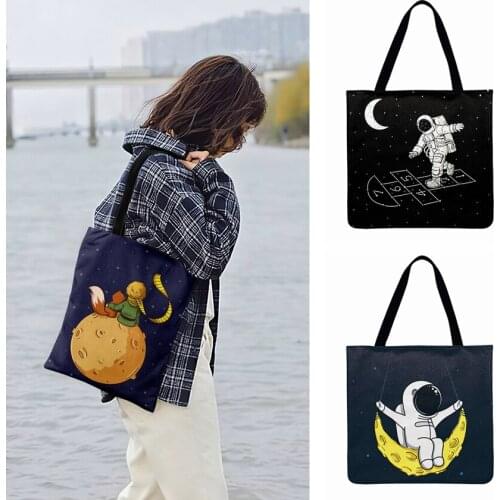 Hello Moon Cartoon Illustration Printed Tote Bag For Women Casual Tote Linen Febric Shopping Bag Outdoor Beach Bags Fashion Bags