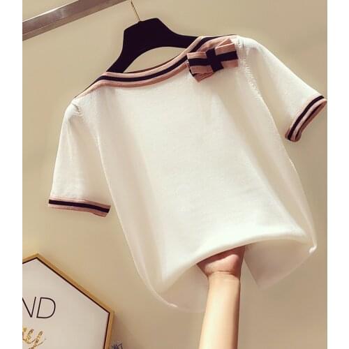 Fashion The New Lazy wind Short sleeve sweater bottoming shirt womens Bow Solid color thin pullover summer Style