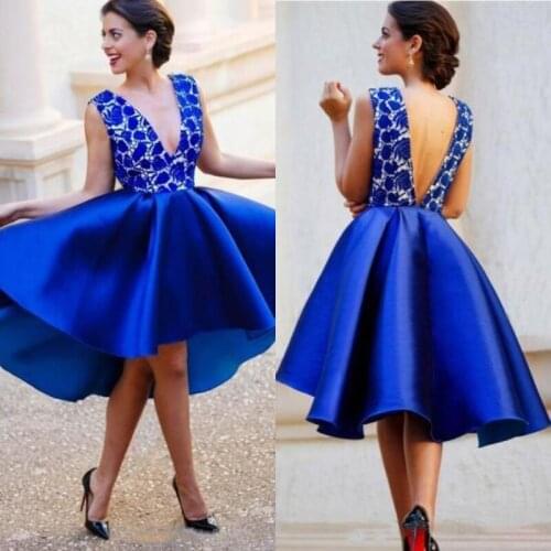 Blue Sexy Deep V-Neck Homecoming Dress 2021 A-Line Lace Appliques Short Satin Party Prom Gown Backless Front Short Long Back