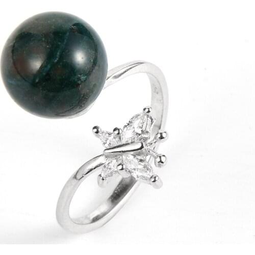 Women Natural Stone India Onyx Green Tanglin Ring Tiger Eye Turquoises Butterfly Micro-Zircon Silver Plated Open Rings Jewelry