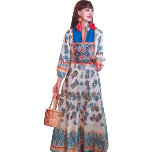 Spring Vogue Printed Ankle-Length Dress Women O-Neck Slim Dresses folk-custom Party Elegant Vestidos vintage Autumn