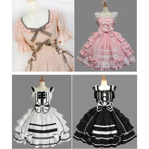 Women Alice Lolita Angel Pink Cotton Princess Dress Court-Style Gothic Tank Dress Costume Cute Anime Maid Layer Dress For Girls