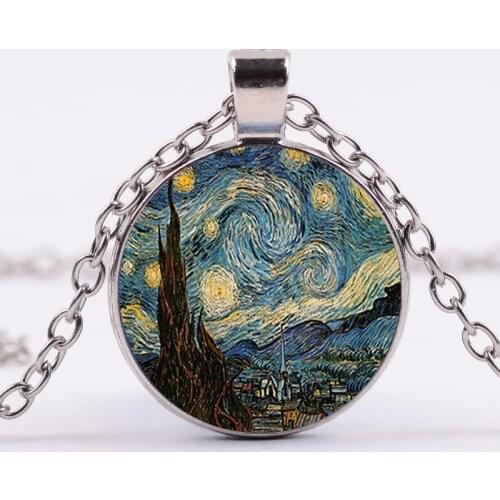 Handicraft Jewelry Vintage Van gogh Starry Night Pendant Necklace Round Photo Chain Glass Cabochon Choker Necklace Wholesale