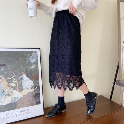 ZJZLL 2021 Hot Sale Autumn Winter Womens High Quality Fashionable Loose All-match Water Soluble Lace Thickened Knitted Skirt