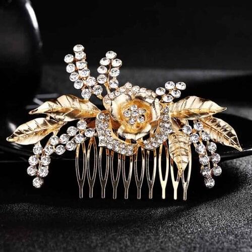 ACRDDK Fashion Women Rhinestone Gold Flower Hair Combs Bridal Shiny Hair Clip Shiny Wedding Hair Jewelry Accessories