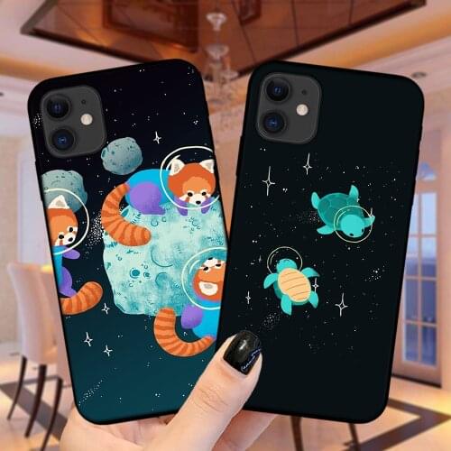 Space Turtles Bunnies Foxes Otters Black Silicone Case Cover For iPhone 12 Mini 11 Pro XS Max X XR 6 6S 7 8 Plus 5S SE 2020 SE2