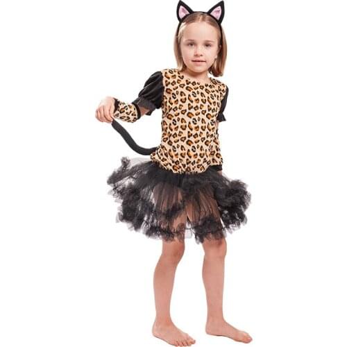 Halloween Purim Costume for Kids Girls Leopard Costume Clothing Fancy Dress Headband Wrist Band Set Cosplay Outfit