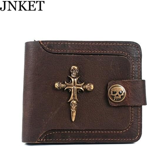JNKET New Punk Crucifix Skull Wallet Retro Cow Leather Wallet Mens Short Wallet Billfold Money Clip Folding Clutch Wallet