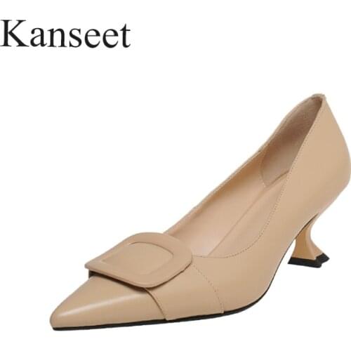 Kanseet Square Buckle Decoration Women Pumps 2021 New Spring Autumn Pointed Toe Genuine Leather Strange Style Heel Shoes Size 43