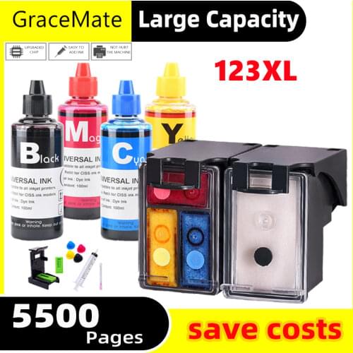 GraceMate 123 Refillable Cartridge +400ml Ink for HP 123 Hp 123 Xl Deskjet 2620 2610 2630 1110 1112 2130 2132 3630 3632 Printer