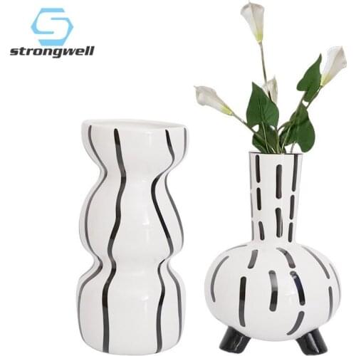 Strongwell Creative Hand-painted Vase Ceramic Retro Art Flower Vases Home Living Room Decoration Crafts Flower Arrangement Gifts
