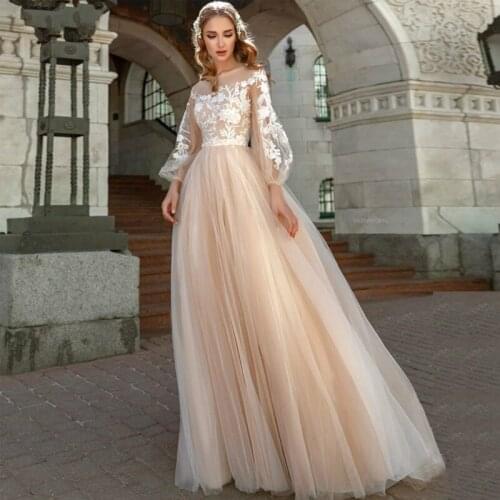 New Charming Champagne Lace Long Sleeve Bridal Wedding Dresses Illusion Boat Neckline Wedding Gowns for Bride Sheer Back On Sale