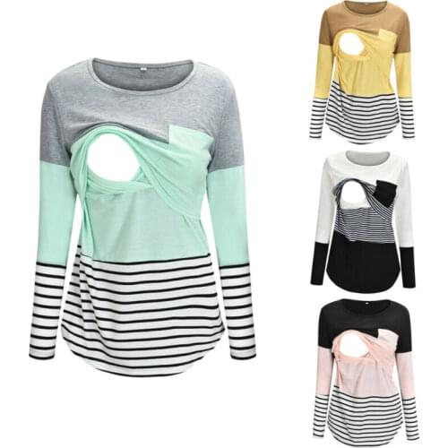 Lioraitiin Women Breastfeeding Spring Autumn T-shirt, Pregnancy Maternity Nursing Stripe Tops, Layered Design Long Sleeve Shirt