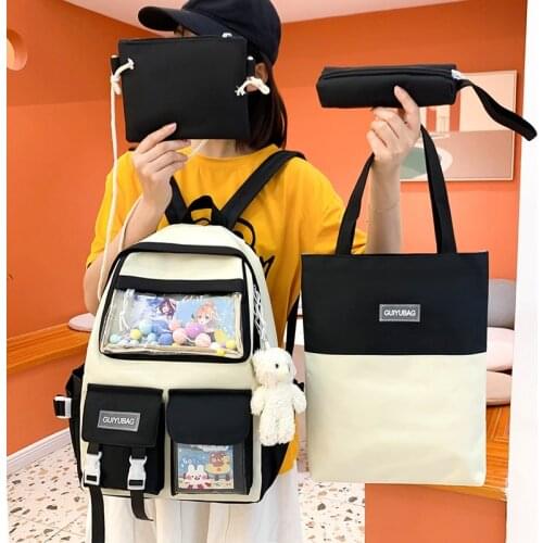 4 Piece Set School Bags For Girls Canvas Womens Backpack Cute Large Capacity Schoolbag For Elementary School Students Bookbags