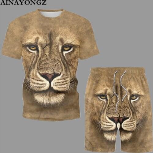 2021 New Trend Men T-Shirt Set 3D Lion Print Summer Classic O Collar Short Sleeve Clothes Suit Male Hip Hop Streetwear Oversized
