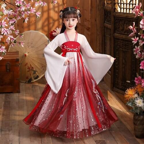 2021 Spring And Summer New Girls' Hanfu Childrens Fairy Costumes Chinese Style Stage Tang Suit Long Sleeves Retro Elegant Kids