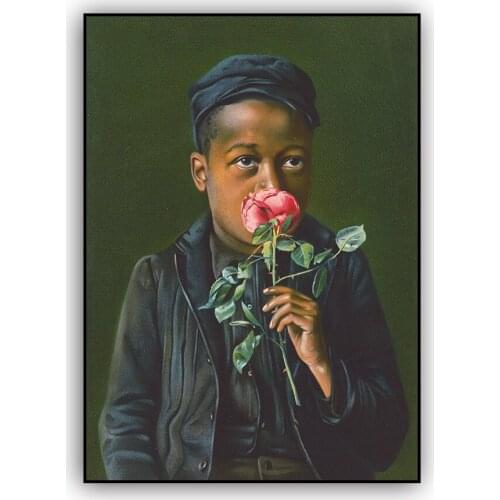 Child Smelling a Pink Rose African American Boy Fine Art Print Vintage Black Child Portrait Antique Wall Art Canvas Painting