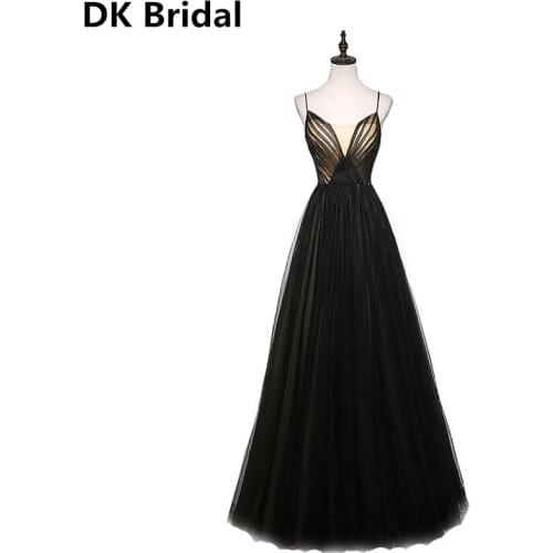 Robe De Soiree Elegant A-Line Tulle Evening Dresses Long 2019 Sexy Illusion V Neck Backless Black Women Formal Party Gowns