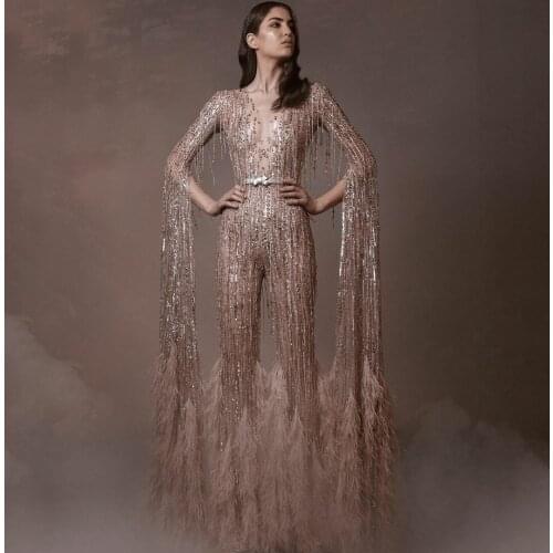 Luxurious Beading Evening Dress Long Sleeves Sequins Feather Jumpsuit Dubai Prom Dress Glitter Women Party Gowns