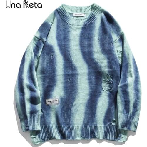 Una Reta Tie Dye Sweater Men New Winter Streetwear Long Sleeve Pullover Knitwear Men Pull Homme Loose Hollow Lover Sweater