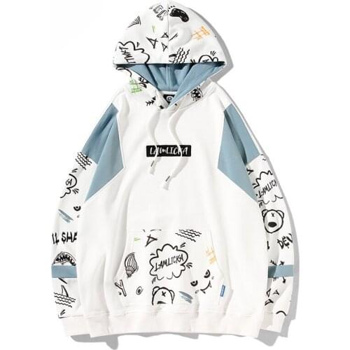 New little devil graffiti printed mens hoodie loose pullover long sleeve sweatshirt kangaroo pocket fashion male hoodies