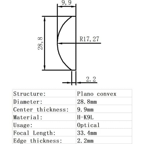 Plano Convex Lens Diameter 28.8mm Focal Length 33.4mm H-K9L Glass Lens Optical Glass Optical Lens