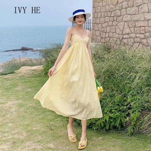IVY HE High Quality Summer Dress Woman Clothing Bow Fold Ultra Fine Bra Sling Long Dress Traf Robe ZA Holiday Party Dresses