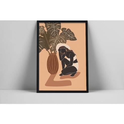 Plant Woman Art Print | Woman And Monstera Leaves Poster | Minimalist Terracotta And Pink Poster | Boho Wall Print | Woma Brown