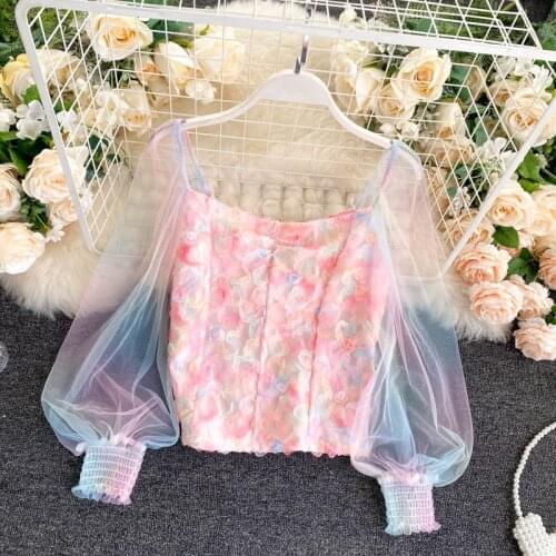 Sexy See Through Mesh Puffy Sleeve Square Collar Patchwork Floral Top Women Chiffon Blouse
